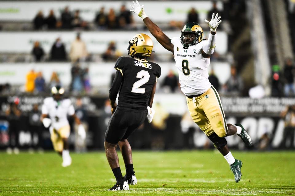 Colorado State's Mohammad Kamara (8) leaps in an attempt to block a pass during a college football game against Colorado at Folsom Field on Saturday, Sep. 16, 2023, in Boulder, Colo.