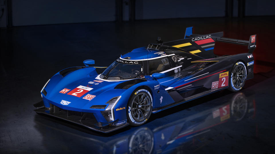 Front ¾ view of the The Cadillac V-LMDh race car in blue