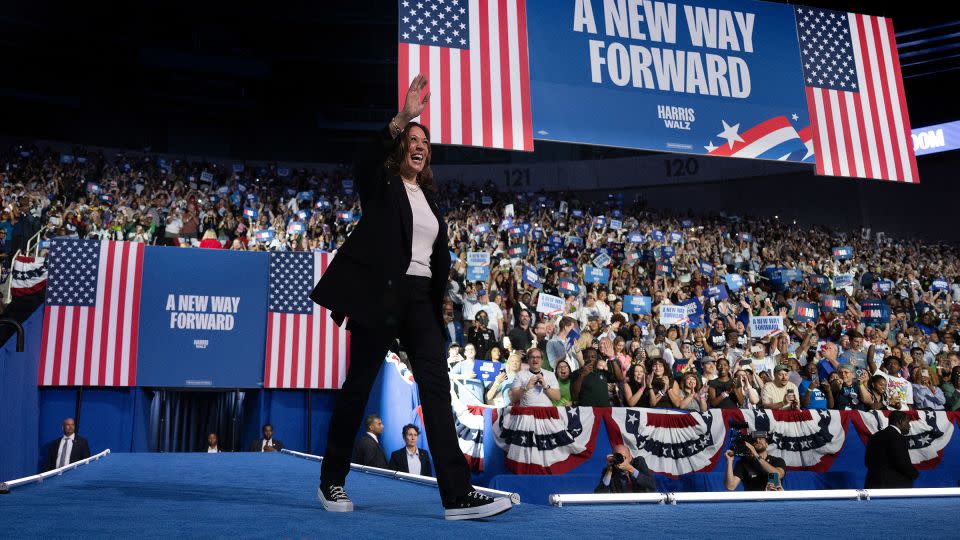 Vice President and Democratic presidential candidate Kamala Harris walks on stage to speak at a campaign rally at the Bojangles Coliseum in Charlotte, North Carolina, on September 12, 2024. - Jim Watson/AFP/Getty Images