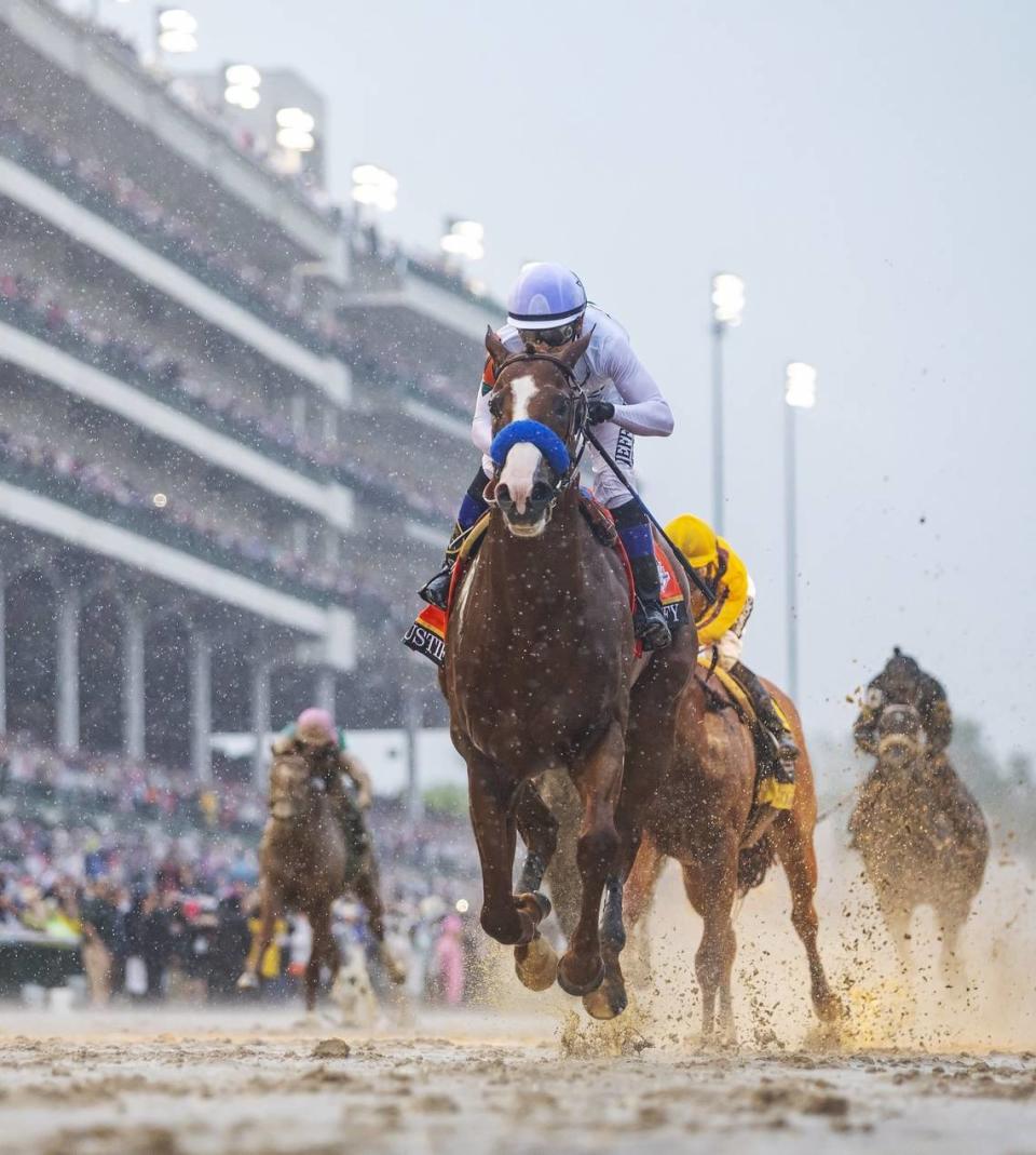 Justify, with Mike Smith, aboard wins the 2018 Kentucky Derby at Churchill Downs before going on to capture Thoroughbred racing’s most recent Triple Crown.