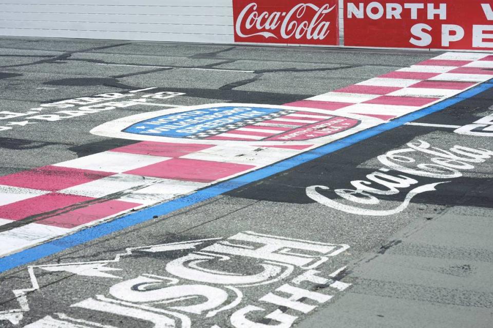 May 21, 2023; North Wilkesboro, North Carolina, USA; A detail view of the start/finish line at North Wilkesboro Speedway. Mandatory Credit: Jim Dedmon-USA TODAY Sports