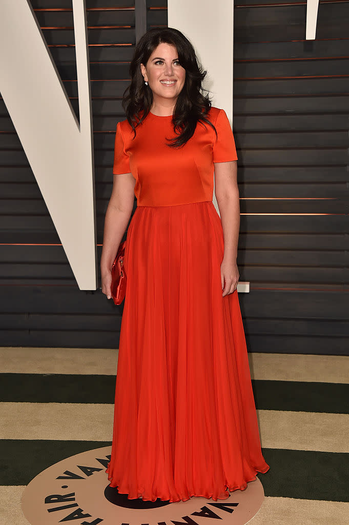 Monica Lewinsky wears red to the 2015 Vanity Fair Oscar Party. (Photo by Alberto E. Rodriguez/WireImage)