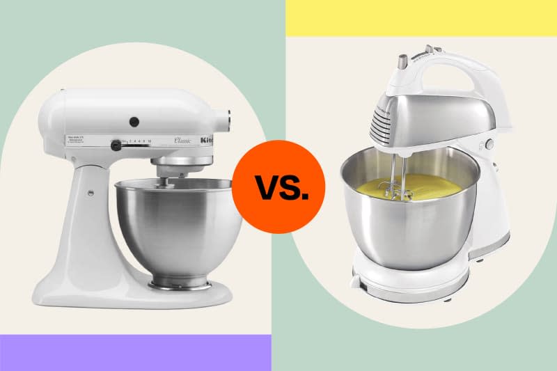 graphic comparing a KitchenAid stand mixer to a Hamilton Beach mixer