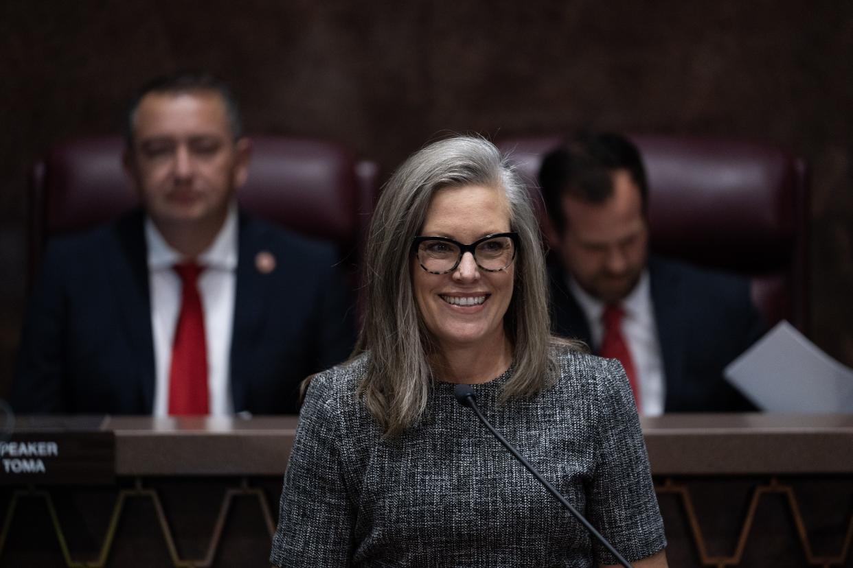 Gov. Katie Hobbs give her State of the State address to the Arizona House of Representatives during the opening session of the 56th Legislature on Jan. 9, 2023, in Phoenix.