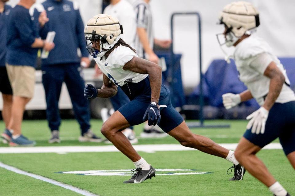 Penn State wide receiver Dante Cephas runs a route during practice on Sunday, Aug. 6, 2023.