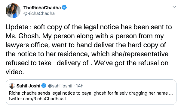 Richa Chadha tweets on the notice sent to Payal Ghosh.