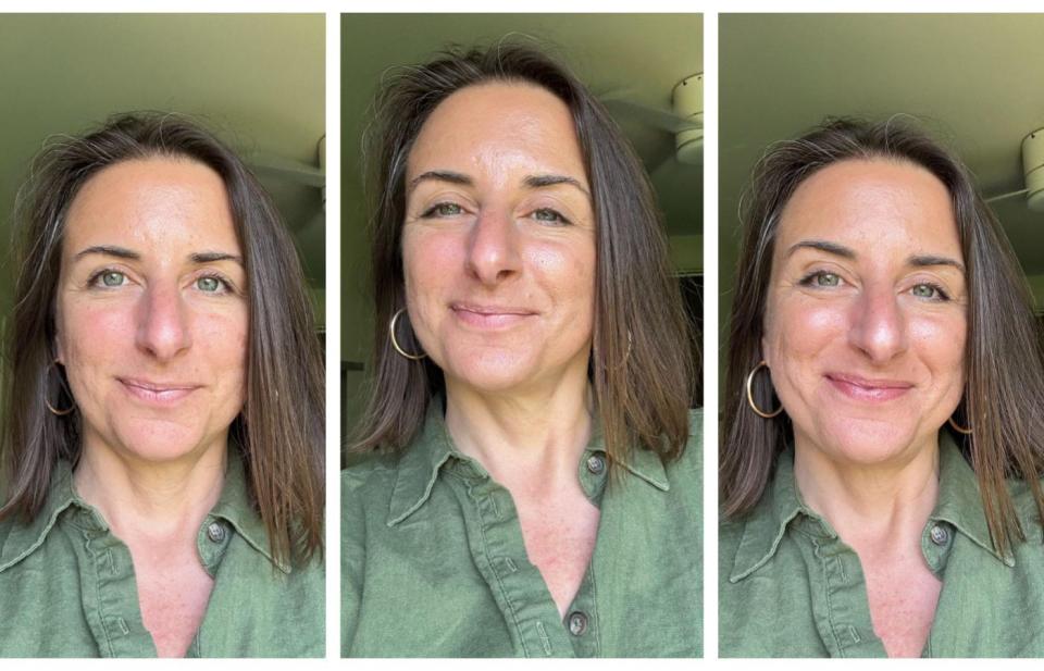Janelle wearing L'Oreal Lumi Glotion in 903 - Medium. From left to right, Janelle with no makeup, Janelle with Lumi Glotion on half her face and Janelle with Lumi Glotion on her entire face.