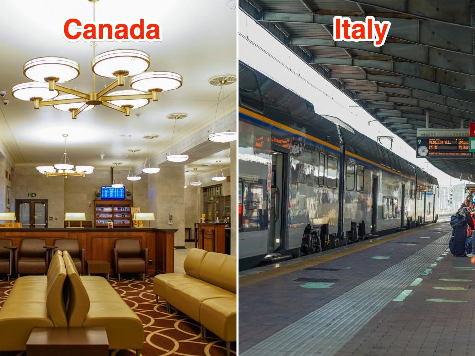 The author waits for her train in Canada (L) and Italy (R).