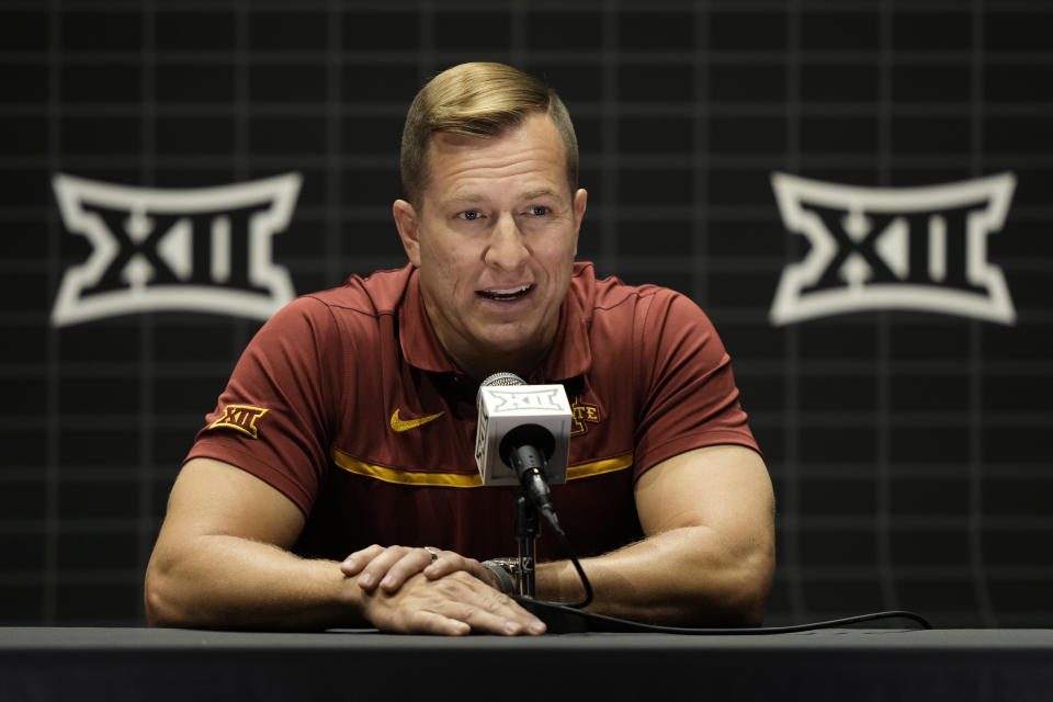 Iowa State coach T.J. Otzelberger addresses the media during the NCAA college Big 12 men's basketball media day Wednesday, Oct. 18, 2023, in Kansas City, Mo. (AP Photo/Charlie Riedel)