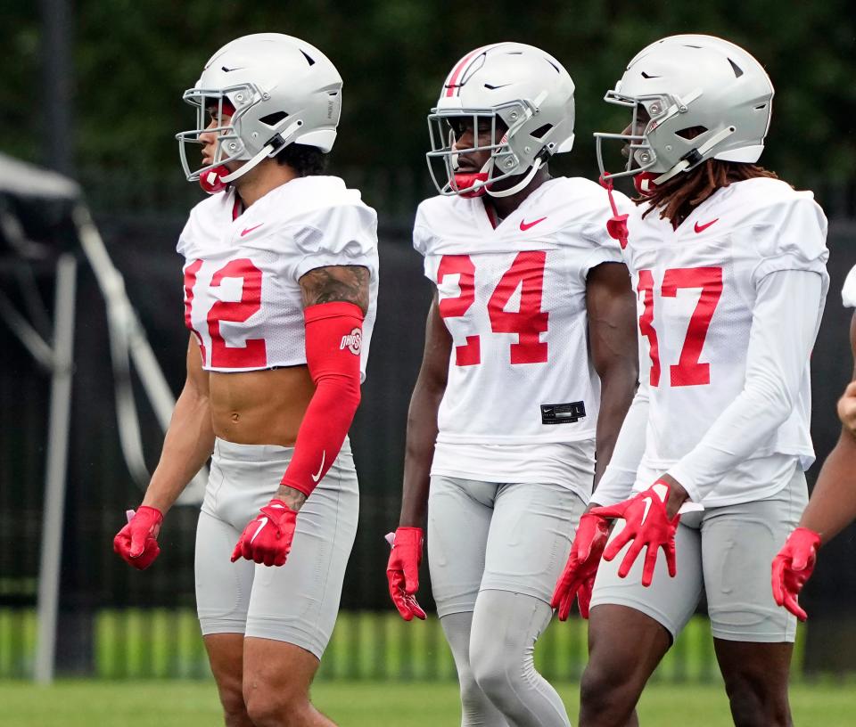 Aug 5, 2022; Columbus, OH, USA; Ohio State Buckeyes safety Lathan Ransom (12), Ohio State Buckeyes safety Jantzen Dunn (24) and Ohio State Buckeyes safety Kye Stokes (37) during practice at Woody Hayes Athletic Center in Columbus, Ohio on August 5, 2022.