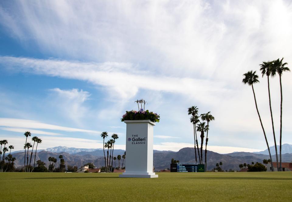 The Galleri Classic trophy is seen set up on the 18th green waiting for winner David Toms after the final round of the tournament in Rancho Mirage, Calif., Sunday, March 26, 2023. 