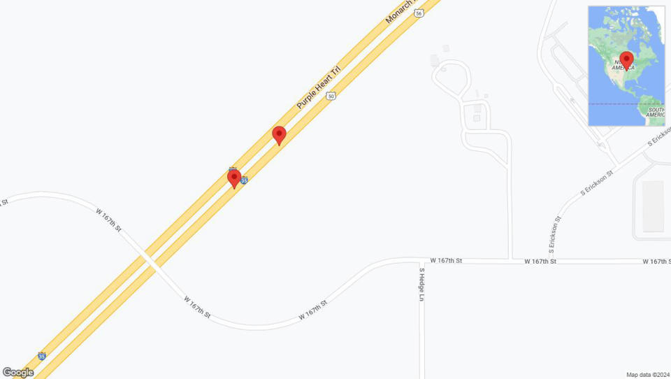 A detailed map that shows the affected road due to 'Broken down vehicle on eastbound I-35 in Olathe' on July 18th at 12:25 p.m.