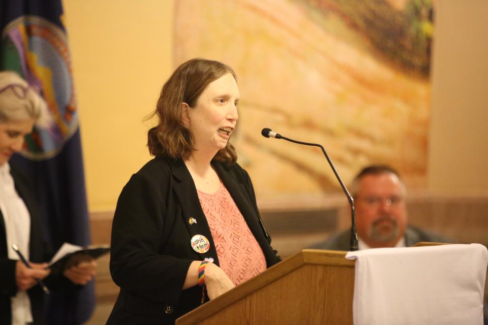 Taryn Jones, vice chair of Equality Kansas, speaks at a rally Tuesday at the Statehouse in support of LGBT rights