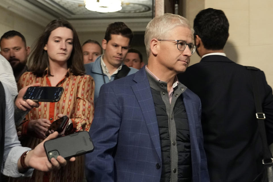 Temporary House Speaker Rep. Patrick McHenry, R-N.C., speaks to reporters after Republicans met to try and decide who to nominate to be the new House speaker, on Capitol Hill in Washington, Monday, Oct. 23, 2023. (AP Photo/Alex Brandon)