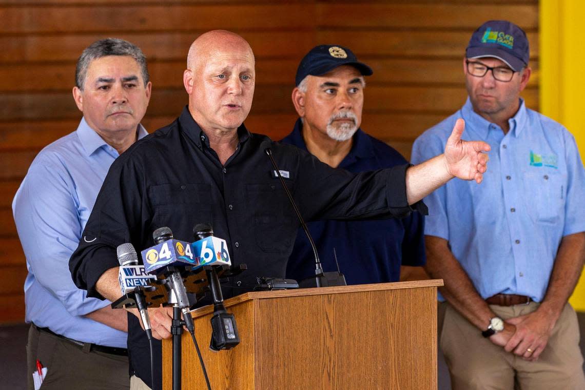 Mitch Landrieu, a White House senior advisor, speaks to press and others about Everglades restoration efforts under the Biden administration.