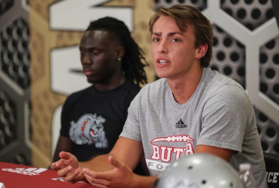 Butler quarterback Zach Lawrence speaks during Southwestern 4A media day at Providence High School on Thursday, July 27, 2023 in Charlotte, NC.