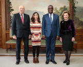 Nobel Peace Prize Laureates Denis Mukwege second right and Nadia Murad, second left, pose for a photo with Norway's Queen Sonja, right and King Harald, at the Royal Palace, in Oslo, Norway, Monday, Dec. 10, 2018. Dr. Denis Mukwege and Nadia Murad of Iraq, shared the 9-million Swedish kronor ($1 million) Nobel Peace Prize. Mukwege was honored for his work helping sexually abused women at the hospital he founded in the Democratic Republic of Congo. Murad, a Yazidi, won for her advocacy for sex abuse victims after being kidnapped by Islamic State militants. (Lise Aserud/NTB scanpix via AP)