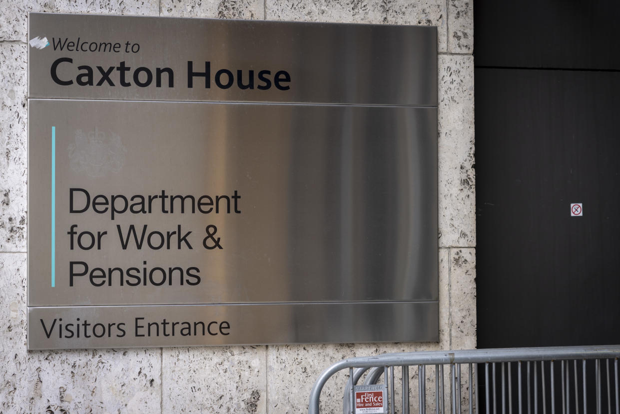 The Department for Work & Pensions sign outside Caxton House in Whitehall, London, United Kingdom on the 10th of July 2024. The Department for Work & Pensions  (DWP) is responsible for the UK's welfare, pensions and child maintenance policy. It is the government's biggest public service department administering State Pension and a range of working age, disability and ill health benefits to around 20 million claimants and customers. (photo by Andrew Aitchison / In pictures via Getty Images)