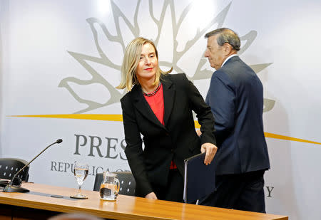 Federica Mogherini, High Representative of the Union for Foreign Affairs and Security Policy and Uruguayan Foreign Minister Rodolfo Nin Novoa arrive to attend a news conference after a meeting of European and Latin American leaders in Montevideo to discuss "good faith" plan for Venezuela, Uruguay February 7, 2019. REUTERS/Andres Stapff