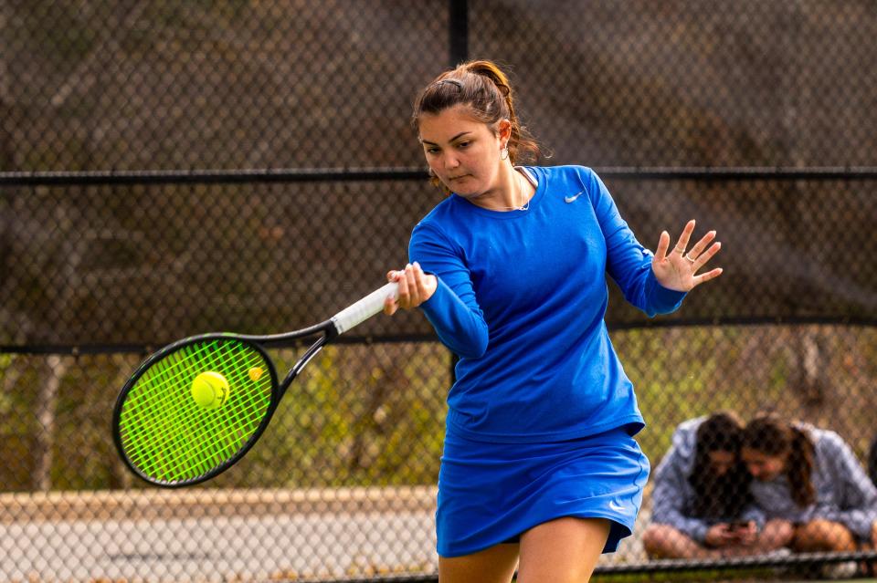 Wareham's Brooklyn Bindas hits the forehanded return against Somerset Berkley's Julia Lanczycki.