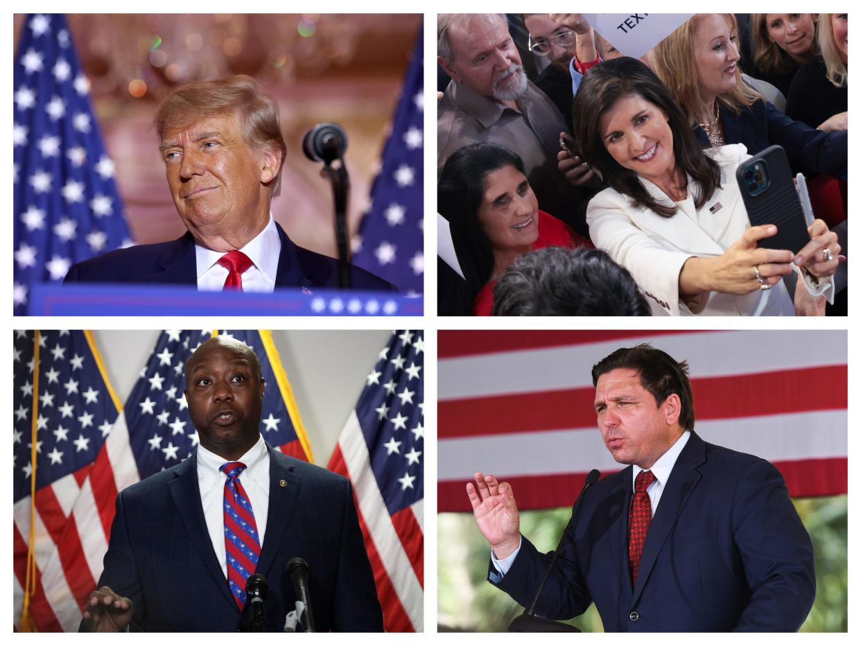 Former President Donald Trump; Former South Carolina Gov. Nikki Haley; Republican Sen. Tim Scott of South Carolina; Florida Gov. Ron DeSantis