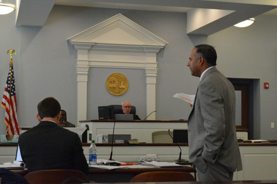 PK Shere, attorney for Gregory Parker and Parker's Corporation (at far right) argues before Judge Daniel D. Hall during a recent hearing in Hampton County.