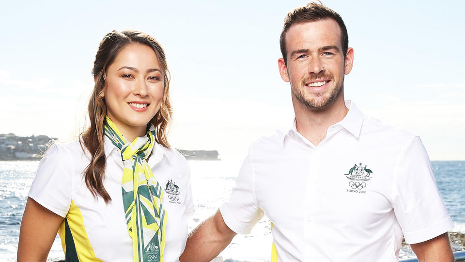 Australian athletes Gronya Somerville (L) and Dan Watkins (R) pose during the launch of the Australian 2020 Tokyo Olympic Games Opening Ceremony Uniform.