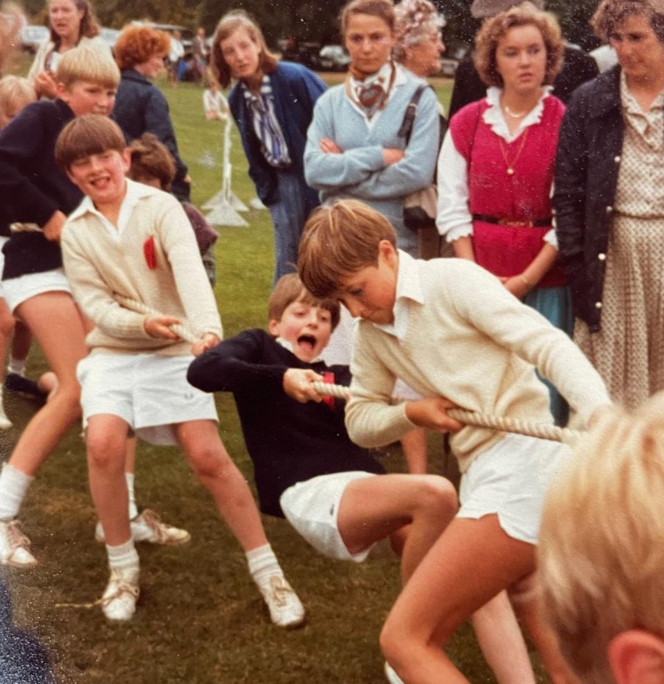 Heave!: William Sitwell (middle) taking part in tug of war in 1981