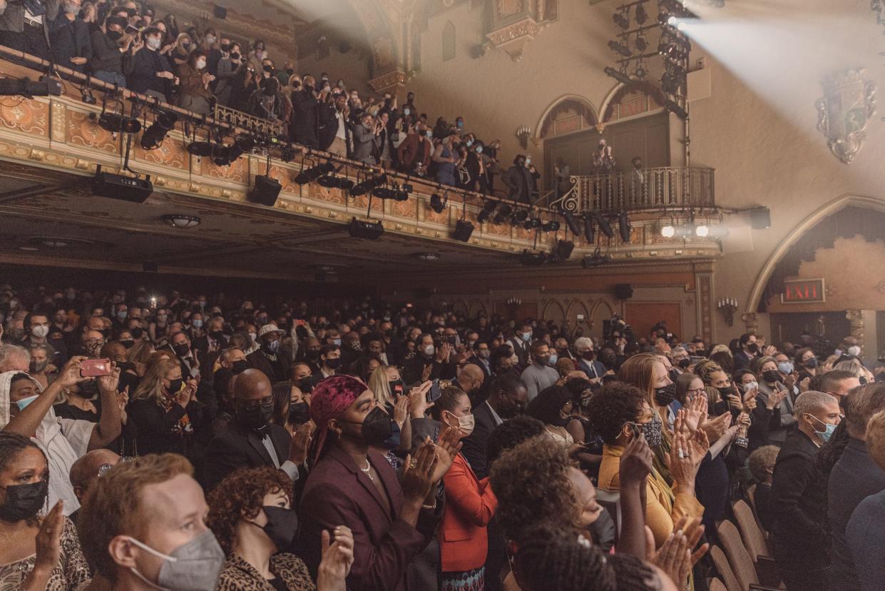 Audience members wearing face masks during an October performance of “Thoughts of a Colored Man” on Broadway. Requirements for mask-wearing, along with COVID testing or vaccination proof at area theaters have prompted some complaints in Sarasota.