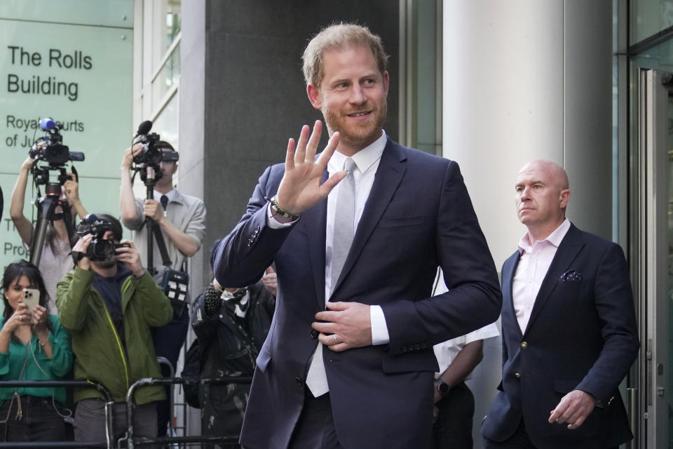 Prince Harry leaves the High Court after giving evidence in London, Wednesday, June 7, 2023. Prince Harry has given evidence from the witness box and has sworn to tell the truth in testimony against a tabloid publisher he accuses of phone hacking and other unlawful snooping. He alleges that journalists at the Daily Mirror and its sister papers used unlawful techniques on an "industrial scale" to get scoops. Publisher Mirror Group Newspapers is contesting the claims. (AP Photo/Kin Cheung)