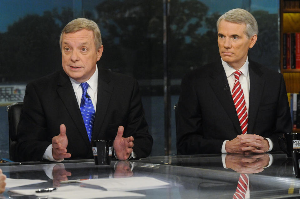 Sens. Dick Durbin (D-Ill.), left, and Rob Portman (R-Ohio), right, appear on "Meet the Press" in 2013. (Photo: NBC NewsWire via Getty Images)