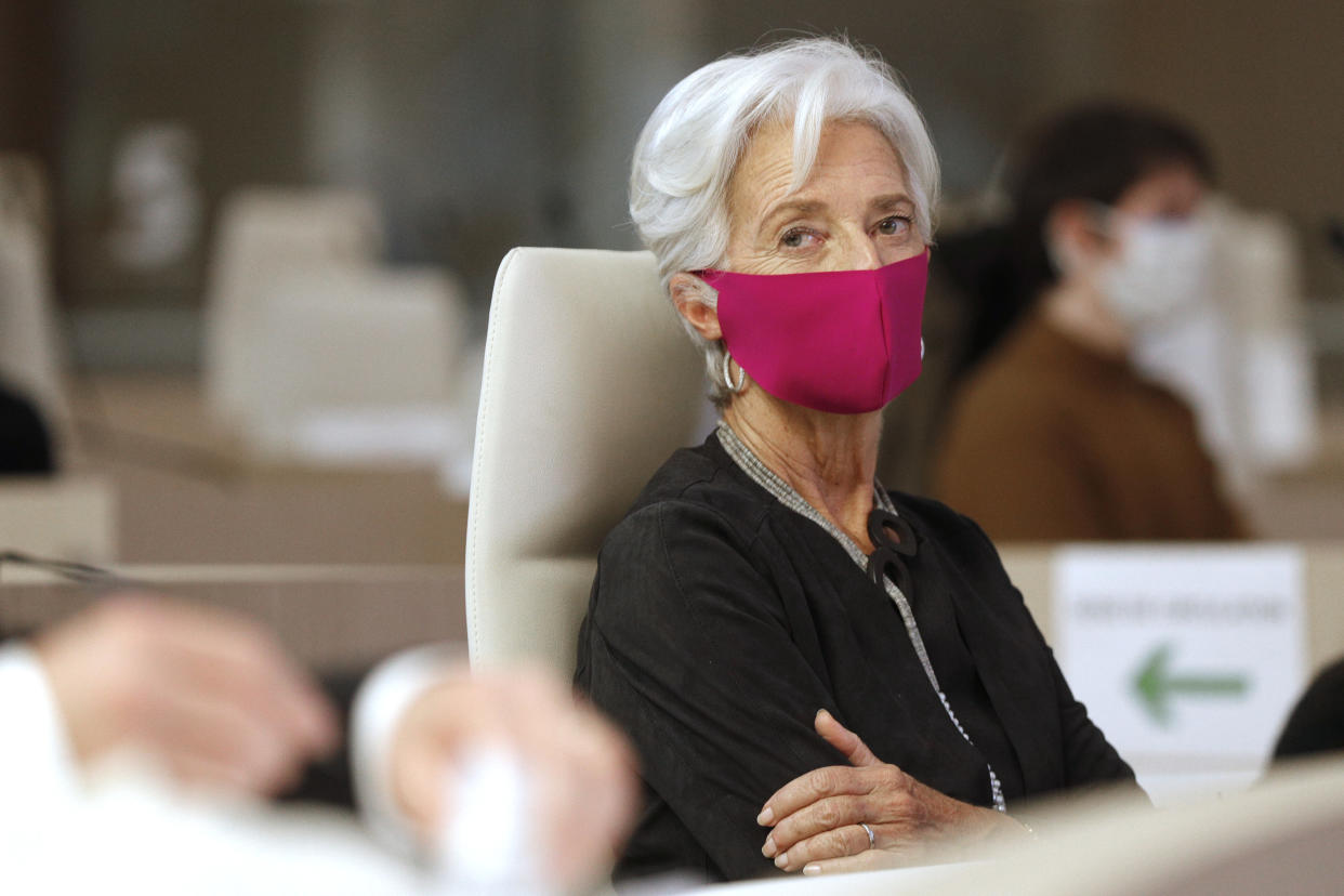 European Central Bank (ECB) President Christine Lagarde, wearing face mask, attends the 16th Congress of Regions (Congres des Regions) in Saint-Ouen, north of Paris on October 19, 2020. (Photo by GEOFFROY VAN DER HASSELT / AFP) (Photo by GEOFFROY VAN DER HASSELT/AFP via Getty Images)