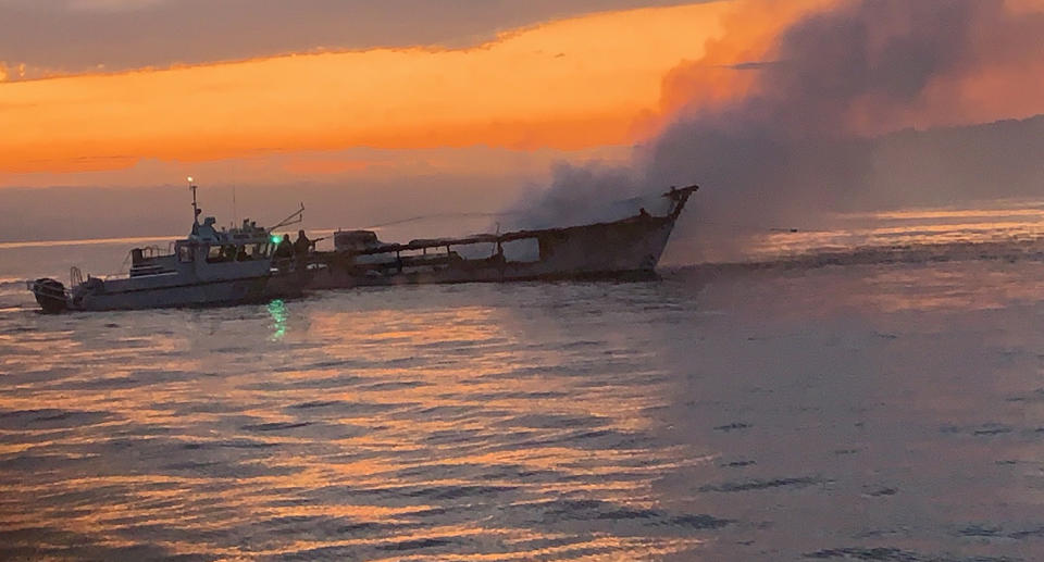 The burned out boat, Conception, off the north side of Santa Cruz Island.