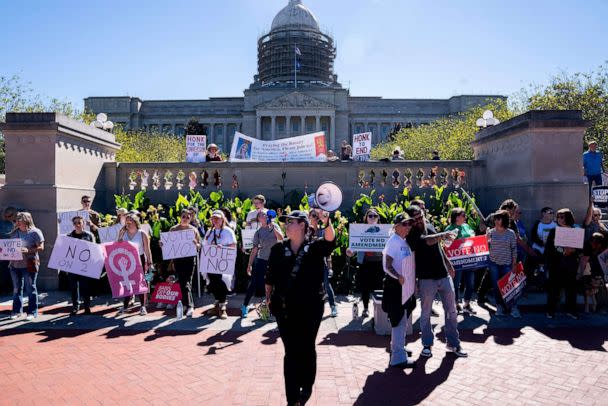 PHOTO: Counter-protestors gather in front of a rally encouraging voters to vote yes on Amendment 2, which would add a permanent abortion ban to Kentucky's state constitution, on the steps of the Kentucky State Capitol in Frankfort, Ky., on Oct. 1, 2022. (Stefani Reynolds/AFP via Getty Images, FILE)