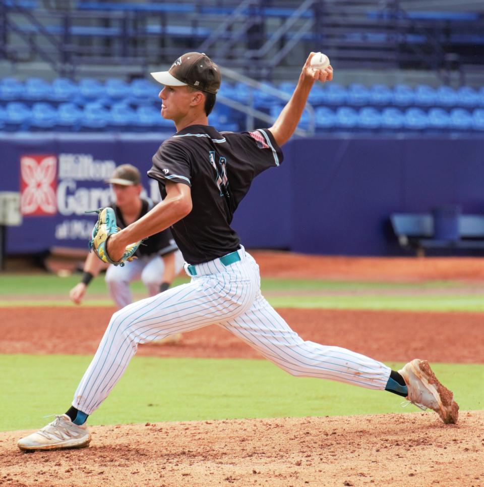 Jensen Beach's Patrick Ward fires home a pitch during the Mike Picano Senior All-Star Game at Clover Park in Port St. Lucie on Wednesday, May 1, 2022. Ward was recognized as the area's Player of the Year before the game and is headed to play at Florida Atlantic  University next spring.