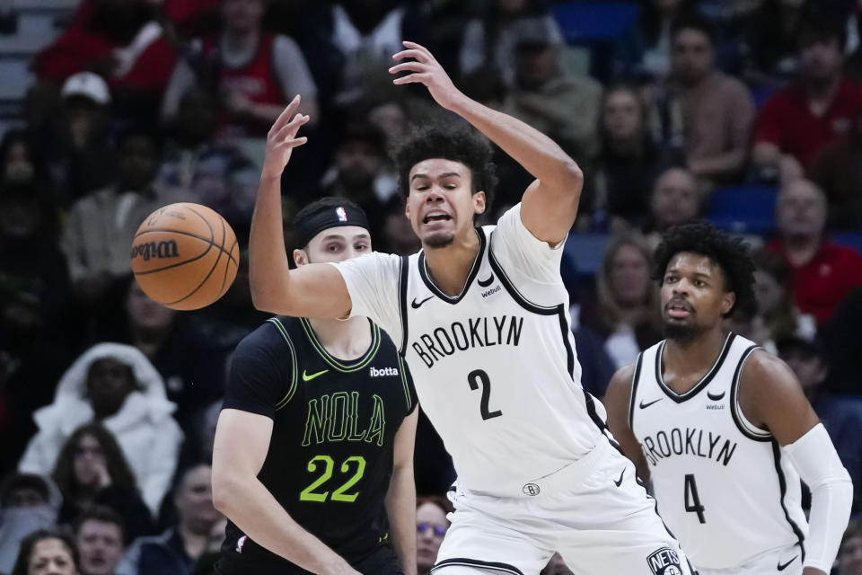 Brooklyn Nets forward Cameron Johnson (2) loses the ball in the second half of an NBA basketball game against the New Orleans Pelicans in New Orleans, Tuesday, Jan. 2, 2024. The Pelicans won 112-85. (AP Photo/Gerald Herbert)