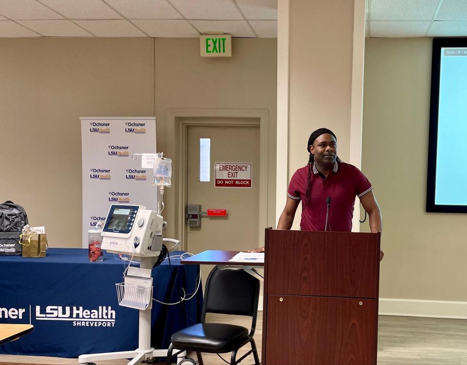 Calvin Scott speaks at Ochsner LSU Health at an event on Monday, March 27, 2023. Scott was reunited with the doctor who saved his life.