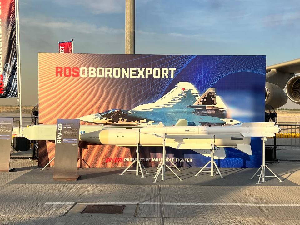 Three Russian missiles on display at the Dubai Airshow: a KH-69; RVV-BD; and RVV-MD2