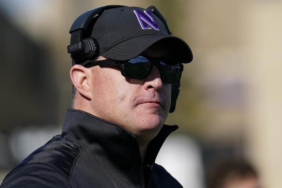 Northwestern head coach Pat Fitzgerald watches his team during the second half of an NCAA college football game against Rutgers in Evanston, Ill., Saturday, Oct. 16, 2021. Northwestern won 21-7. (AP Photo/Nam Y. Huh)