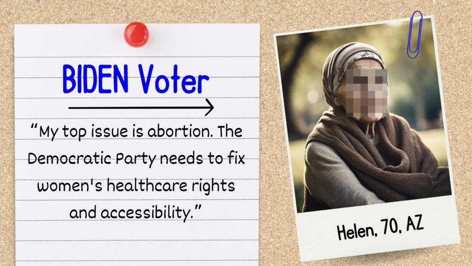 Note pinned on board expressing a Biden voter's concern for abortion rights and healthcare, with a photo of elderly woman 'Helen' attached