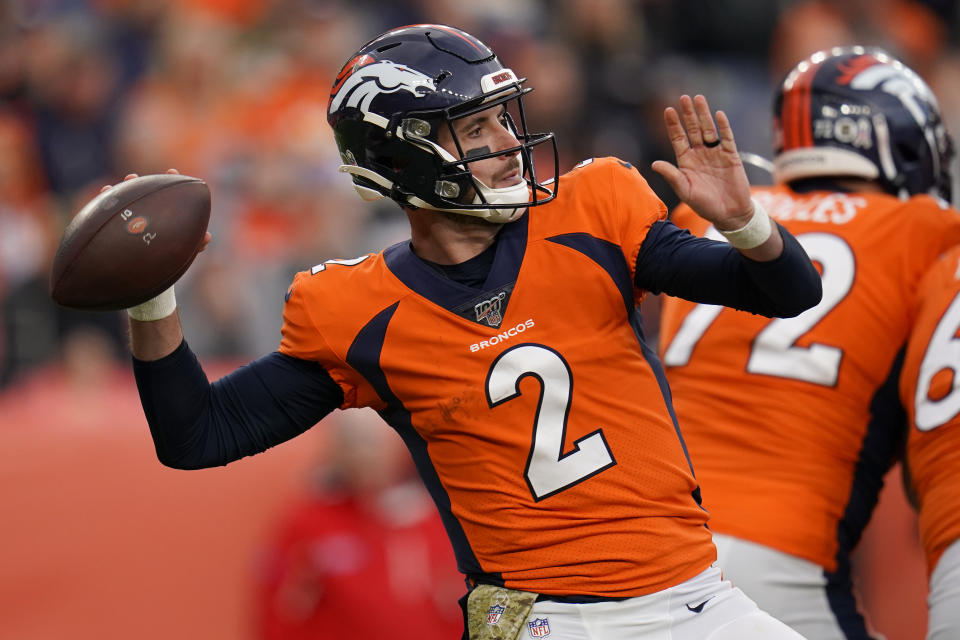 Denver Broncos quarterback Brandon Allen (2) throws against the Cleveland Browns during the second half of NFL football game, Sunday, Nov. 3, 2019, in Denver. (AP Photo/Jack Dempsey)