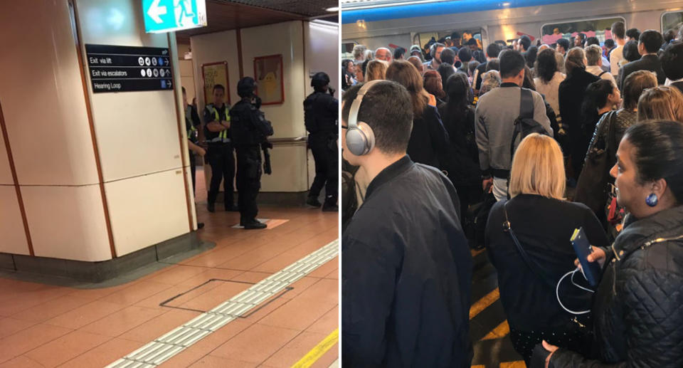 A police incident is unfolding at a Melbourne city train station, with all trains bypassing Flagstaff station. Source: Twitter/Gigi Sam & Liam Vertigan