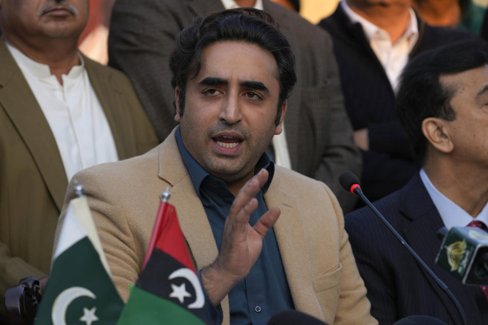 Bilawal-Bhutto Zardari, Chairman of Pakistan People's Party speaks during a press conference regarding parliamentary elections, in Islamabad, Pakistan, Tuesday, Feb. 13, 2024. The main political rival of ex-Pakistani premier Imran Khan challenged him Tuesday to form a government if he had the support of the majority of newly elected lawmakers. The challenge by Shehbaz Sharif, who heads the Pakistan Muslim League party, follows national elections that showed candidates backed by Khan's Pakistan Tehreek-e-Insaf party won the most parliamentary seats but not enough to form a government alone. (AP Photo/Anjum Naveed)