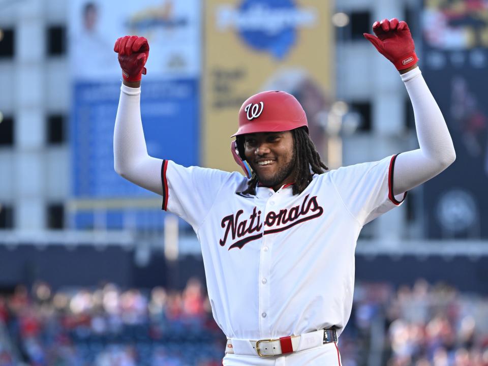 James Wood celebrates on first base after a hit against the New York Mets.