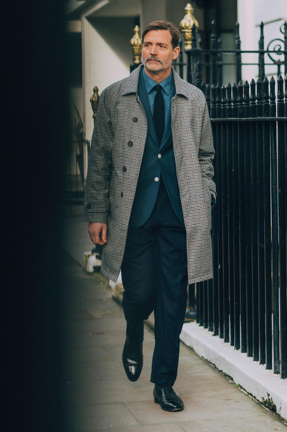 Patrick Grant on the streets of London wearing clothing from his new collection at Frasers.