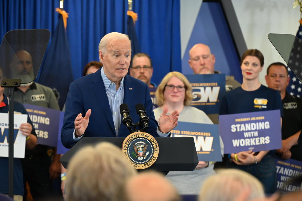 PITTSBURGH, PENNSYLVANIA, UNITED STATES - APRIL 17: U.S. President Joe Biden speaks on proposing tariffs on Chinese steel at the United Steelworkers Headquarters in Pittsburgh, Pennsylvania, United States on April 17, 2024. (Photo by Kyle Mazza/Anadolu via Getty Images)