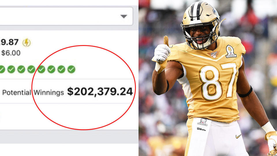 New Orleans Saints tight end Jared Cook (pictured right) giving the thumbs up and huge pay out in a multi (pictured left).