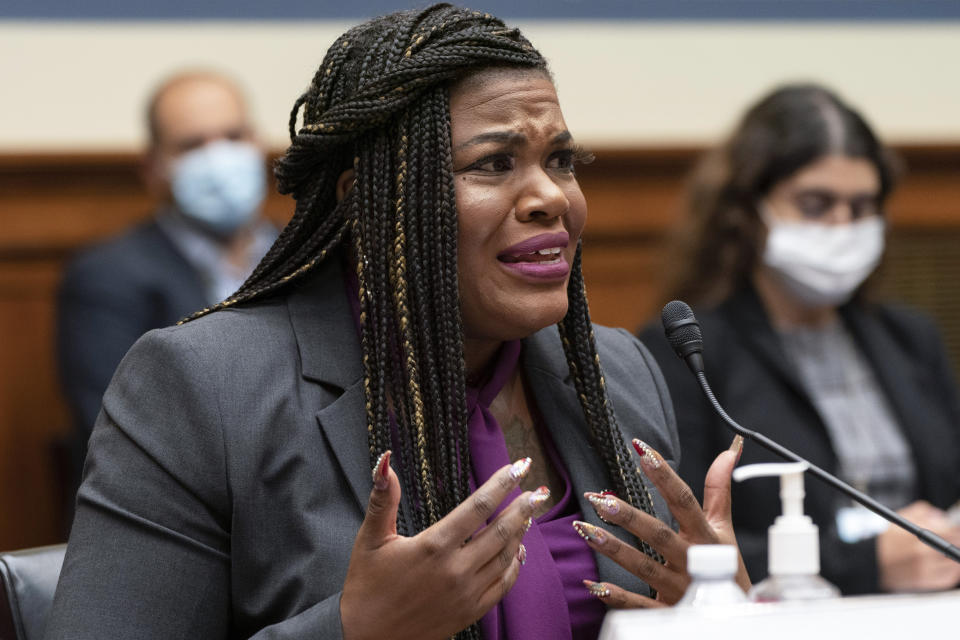 Rep. Cori Bush, D-Mo., testifies on Capitol Hill Thursday about her decision to have an abortion after being raped when she was a teenager. (AP Photo/Jacquelyn Martin)