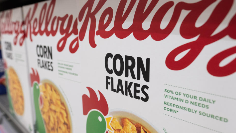 LONDON, JULY 2020: Kelloggs Corn Flakes cereal for sale on supermarket shelf. An American cereal brand