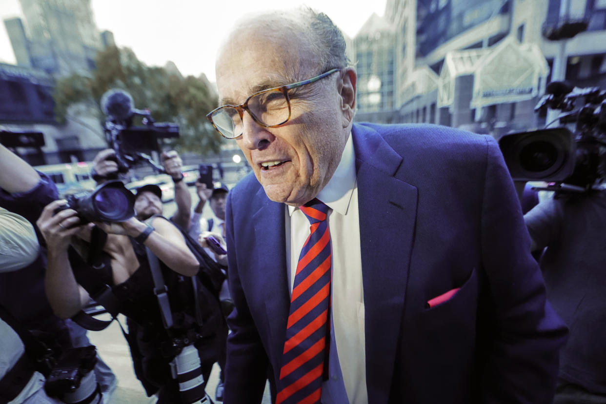 Rudy Giuliani argued the lawsuit should be dismissed because the claims against him are inadequately pleaded and are barred by First Amendment protections for free speech. (AP Photo/John Bazemore)